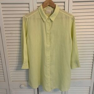 Chicos 100% Linen No-Iron Button Down Shirt Yellow 3/4 Sleeve Tunic Size 2 Large